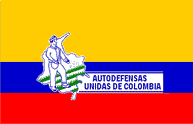 The flag of Colombian paramilitary group AUC has a large yellow horizontal stripe followed by more narrow blue and red stripes; a drawing of Colombia with a figure of a man and several green stripes sits in the middle left, with the name of the group, �Autodefensas Unidas de Colombia.� 