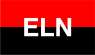 The flag of Colombian guerrilla group ELN is split horizontally, half black and half red, with the letters �ELN� in large white block print in the middle.