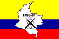 The flag of Colombian guerrilla group FARC has a large yellow horizontal stripe followed by more narrow blue and red stripes; a drawing of Colombia with two crossed rifles and the name �FARC-EP� sits in the middle of the flag.